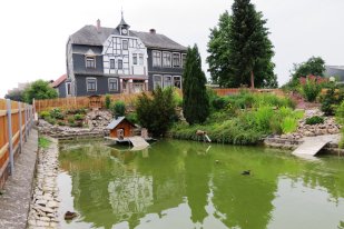 Blick über Teichanlage zur alten Schule